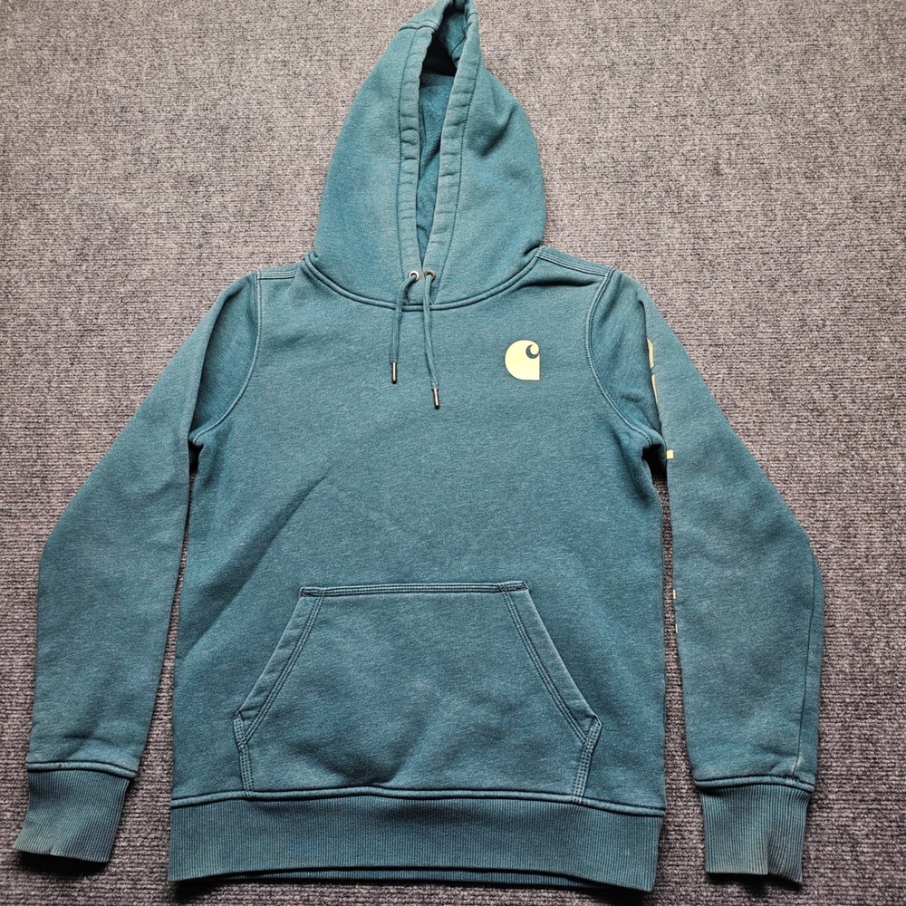 Carhartt Womens Relaxed Fit Teal Heather Logo Sleeve Hoodie XS 102791-H26